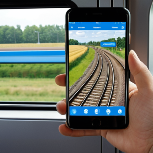 **A person using a smartphone on a train in the Netherlands, viewing a short microlearning video about project management. The scene should depict a modern, bright train interior with typical Dutch scenery visible through the window. The app interface on the phone shows a simple, engaging lesson format.**
