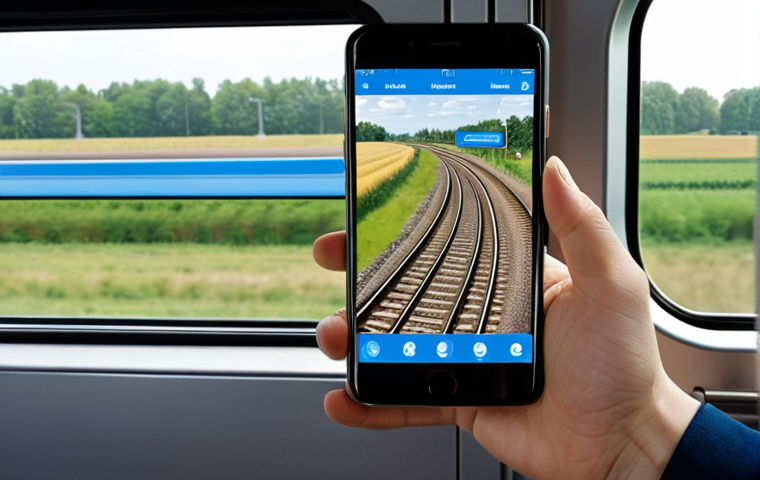 **A person using a smartphone on a train in the Netherlands, viewing a short microlearning video about project management. The scene should depict a modern, bright train interior with typical Dutch scenery visible through the window. The app interface on the phone shows a simple, engaging lesson format.**