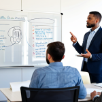 A diverse group of professionals in modest business attire, engaging in a collaborative knowledge-sharing session in a bright, modern office. One experienced individual gestures towards a whiteboard, while others attentively listen and take notes, fostering a vibrant learning culture. The scene conveys active listening and intellectual exchange. fully clothed, appropriate attire, safe for work, professional, perfect anatomy, correct proportions, natural pose, well-formed hands, proper finger count, natural body proportions, professional photography, high quality image, appropriate content.