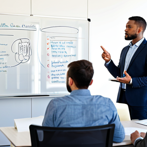 A diverse group of professionals in modest business attire, engaging in a collaborative knowledge-sharing session in a bright, modern office. One experienced individual gestures towards a whiteboard, while others attentively listen and take notes, fostering a vibrant learning culture. The scene conveys active listening and intellectual exchange. fully clothed, appropriate attire, safe for work, professional, perfect anatomy, correct proportions, natural pose, well-formed hands, proper finger count, natural body proportions, professional photography, high quality image, appropriate content.
