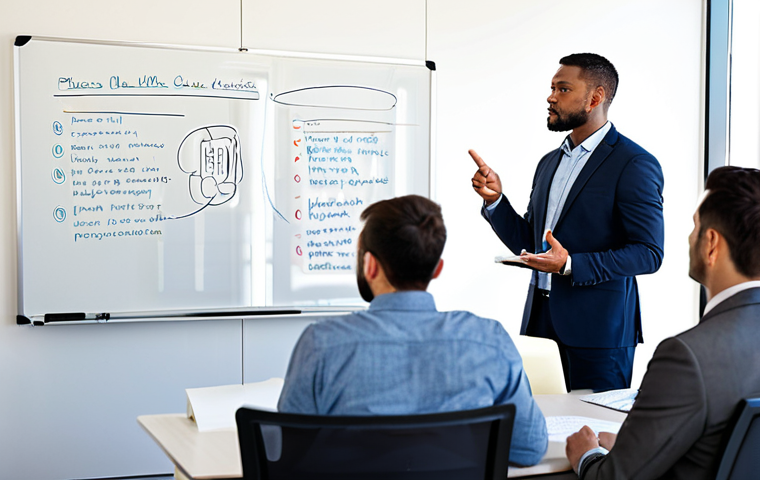 A diverse group of professionals in modest business attire, engaging in a collaborative knowledge-sharing session in a bright, modern office. One experienced individual gestures towards a whiteboard, while others attentively listen and take notes, fostering a vibrant learning culture. The scene conveys active listening and intellectual exchange. fully clothed, appropriate attire, safe for work, professional, perfect anatomy, correct proportions, natural pose, well-formed hands, proper finger count, natural body proportions, professional photography, high quality image, appropriate content.